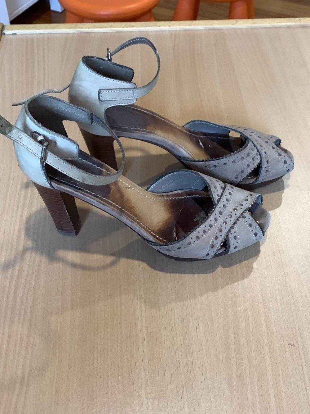 Vero Cuoio Taupe Peep-Toe Ankle Strap Block Heels